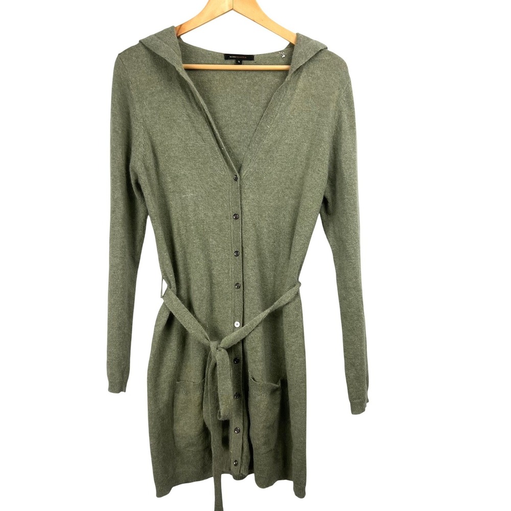 BCBGMAXAZRIA Women Sage Green Angora Wool Blend Hooded Longline Cardigan Small